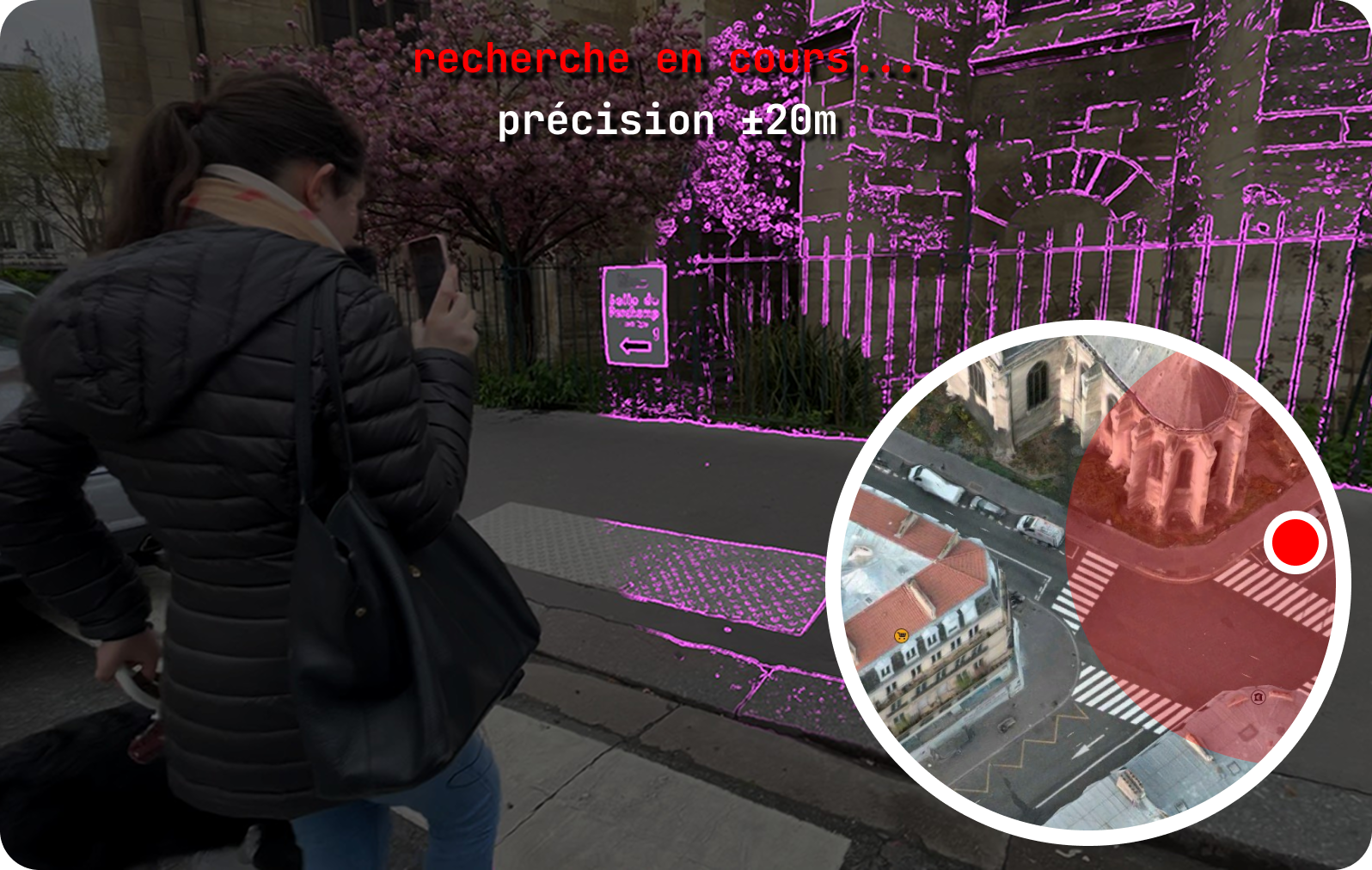 Une utilisatrice de SonarVision scanne les façades des bâtiment avec son smartphone.